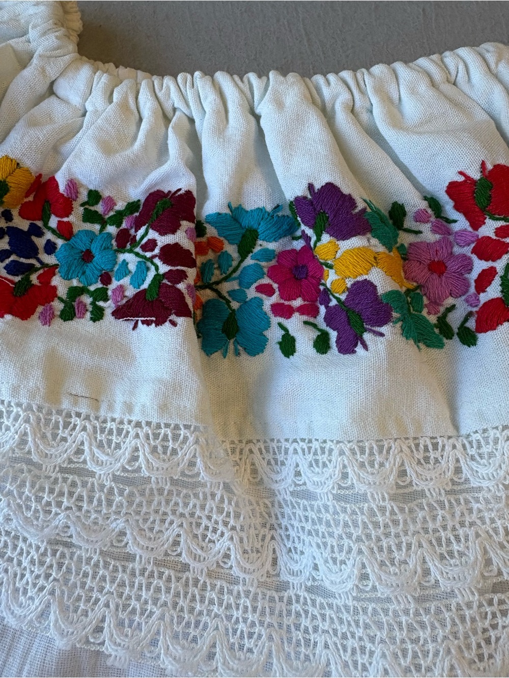 Authentic Oaxacan Mexican Embroidered Off-Shoulder Blouse White Floral Sz L - Picture 3 of 6